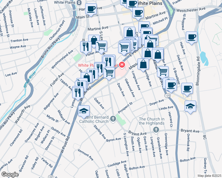 map of restaurants, bars, coffee shops, grocery stores, and more near 235 S Lexington Ave in White Plains