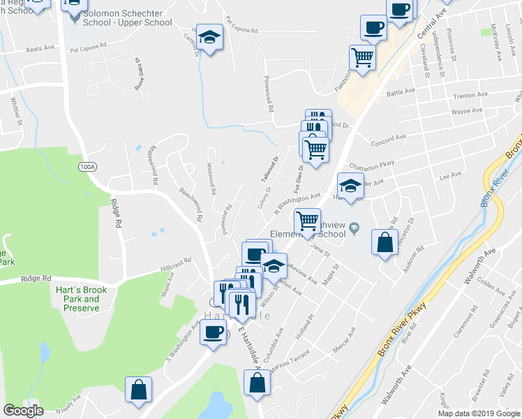 map of restaurants, bars, coffee shops, grocery stores, and more near 125 North Washington Avenue in Hartsdale
