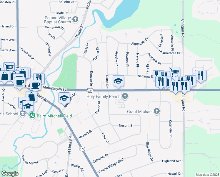 map of restaurants, bars, coffee shops, grocery stores, and more near 6510 Diana Drive in Youngstown