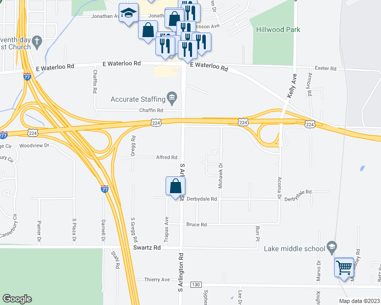 map of restaurants, bars, coffee shops, grocery stores, and more near 1775 South Arlington Street in Akron