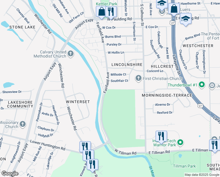 map of restaurants, bars, coffee shops, grocery stores, and more near 6600 Fairfield Ave in Fort Wayne