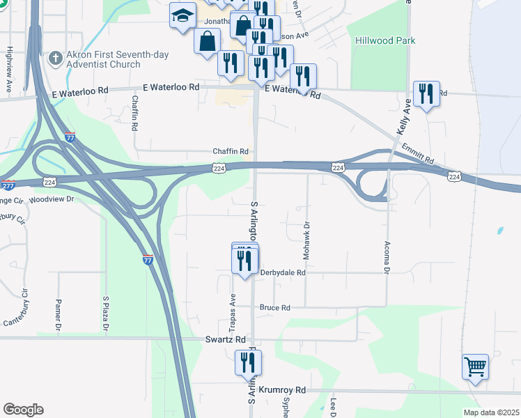 map of restaurants, bars, coffee shops, grocery stores, and more near 1757 South Arlington Street in Akron