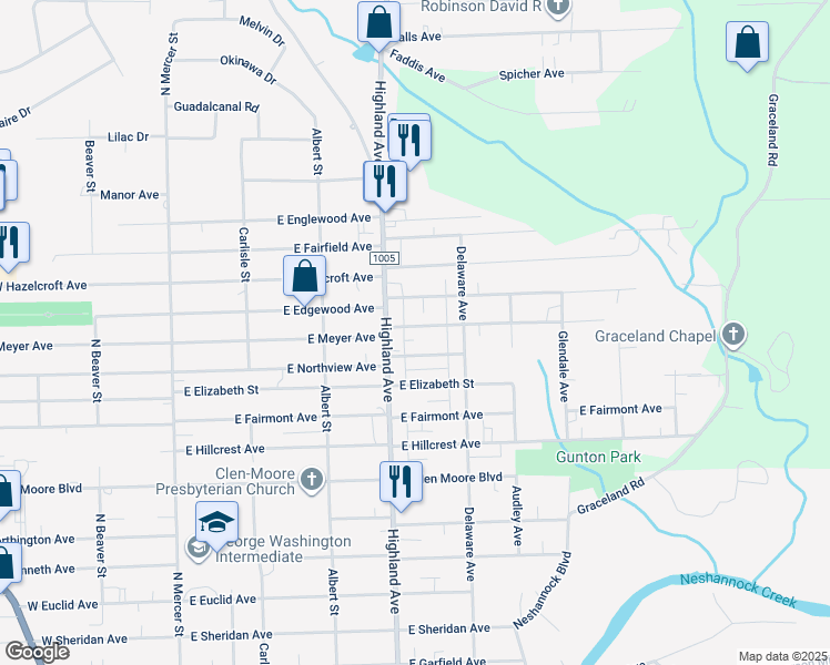map of restaurants, bars, coffee shops, grocery stores, and more near 410 East Meyer Avenue in New Castle