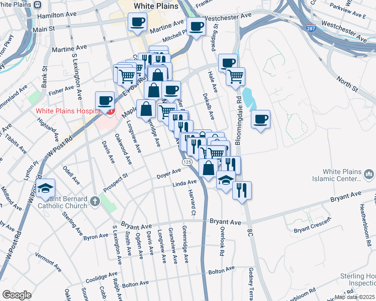 map of restaurants, bars, coffee shops, grocery stores, and more near 3 Old Mamaroneck Road in White Plains