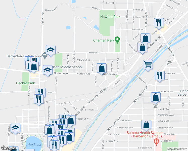 map of restaurants, bars, coffee shops, grocery stores, and more near 294 Norton Avenue in Barberton