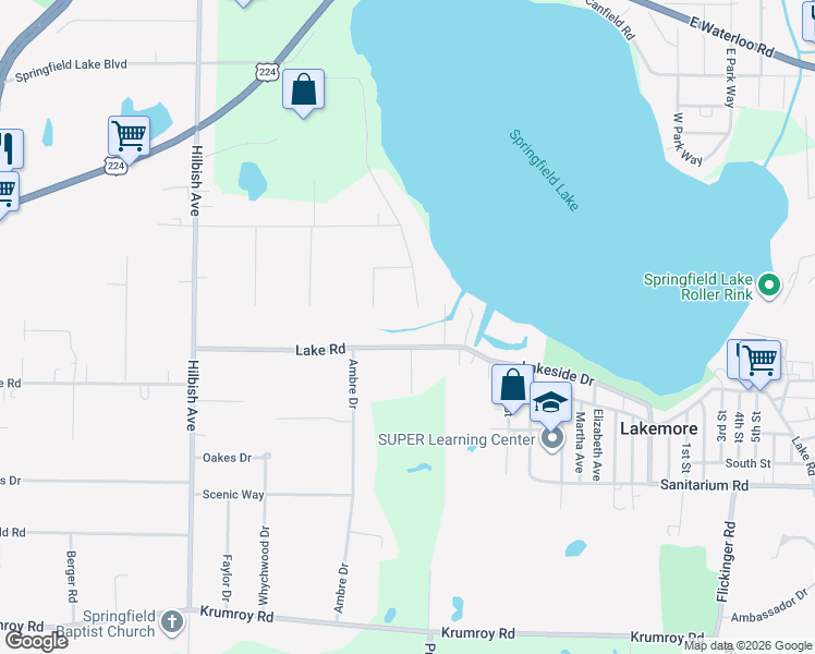 map of restaurants, bars, coffee shops, grocery stores, and more near 2261 Lake Road in Akron