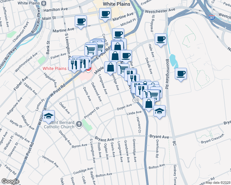 map of restaurants, bars, coffee shops, grocery stores, and more near 7 Livingston Avenue in White Plains