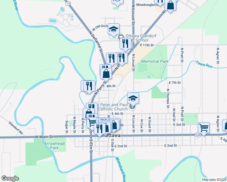 map of restaurants, bars, coffee shops, grocery stores, and more near 136 East 7th Street in Ottawa