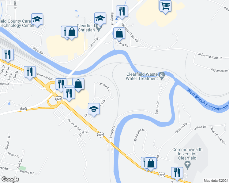 map of restaurants, bars, coffee shops, grocery stores, and more near 1300 Leonard Street in Clearfield