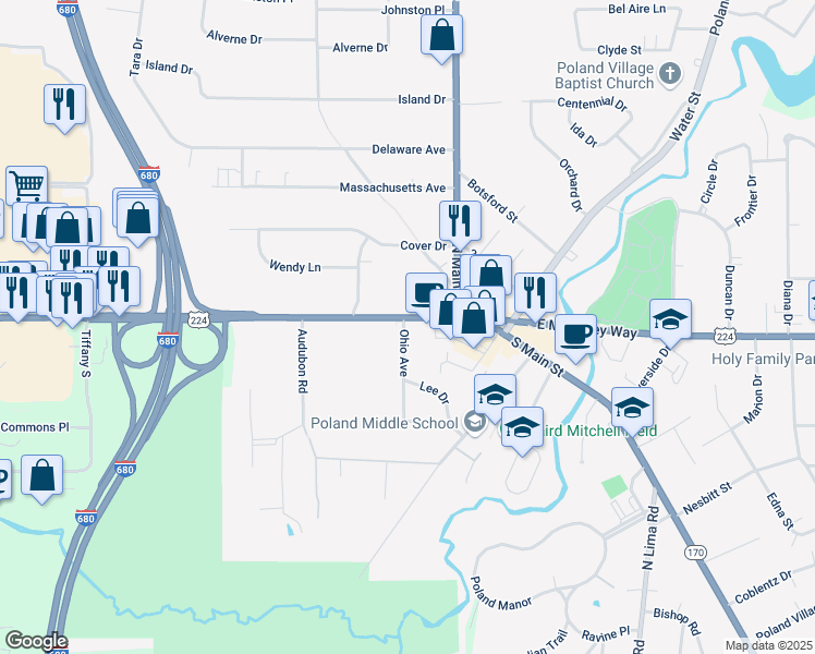map of restaurants, bars, coffee shops, grocery stores, and more near 113 West McKinley Way in Poland
