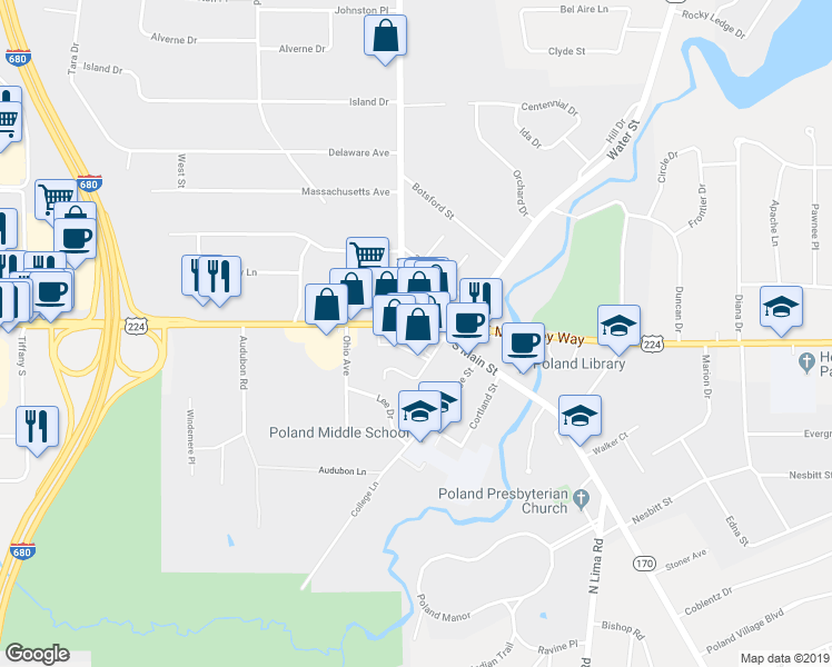 map of restaurants, bars, coffee shops, grocery stores, and more near 8 West McKinley Way in Poland
