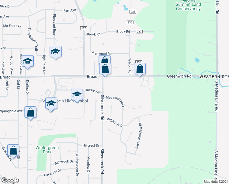 map of restaurants, bars, coffee shops, grocery stores, and more near 143 Meadowcreek Drive in Wadsworth