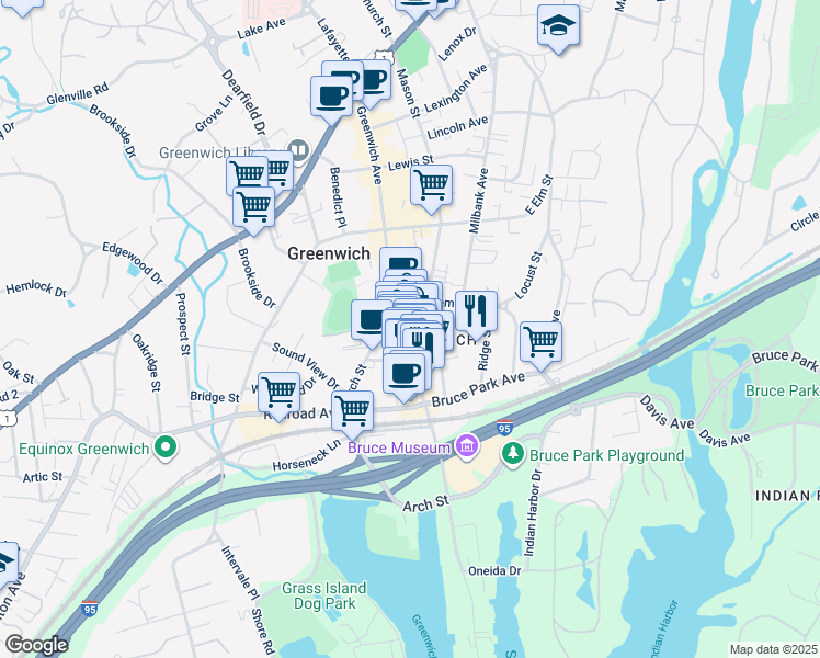 map of restaurants, bars, coffee shops, grocery stores, and more near 359 Greenwich Avenue in Greenwich