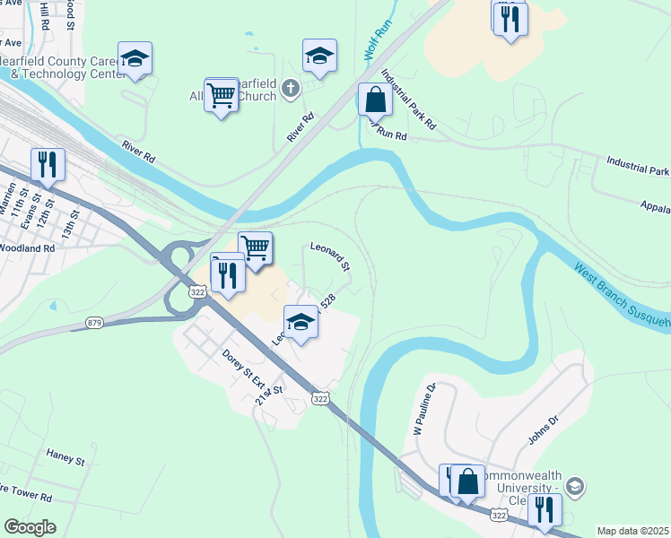 map of restaurants, bars, coffee shops, grocery stores, and more near 911 Leonard Street in Clearfield