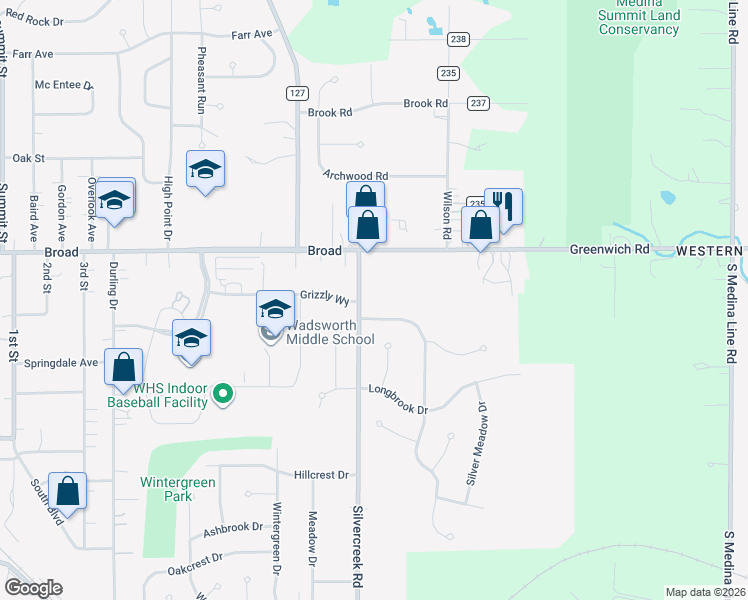 map of restaurants, bars, coffee shops, grocery stores, and more near 149 Meadowcreek Drive in Wadsworth