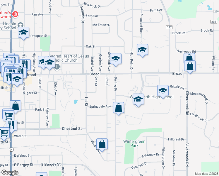 map of restaurants, bars, coffee shops, grocery stores, and more near 161 3rd Street in Wadsworth