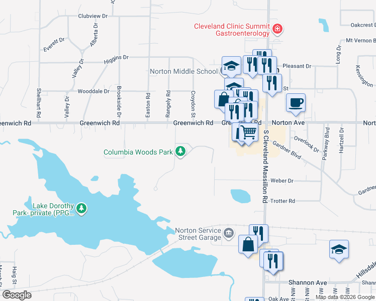 map of restaurants, bars, coffee shops, grocery stores, and more near 3347 Columbia Woods Drive in Norton