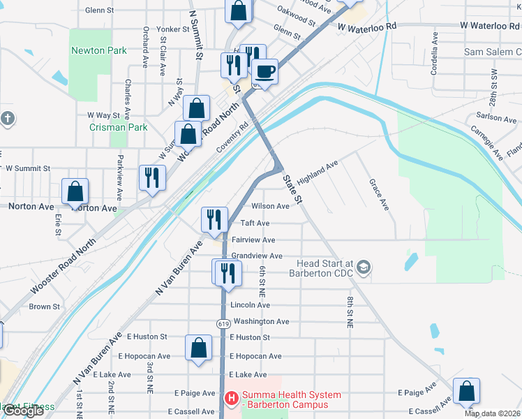 map of restaurants, bars, coffee shops, grocery stores, and more near 502 Wilson Avenue in Barberton