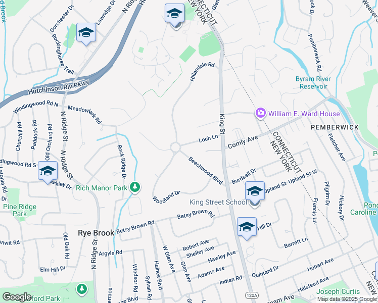 map of restaurants, bars, coffee shops, grocery stores, and more near 24 Beechwood Boulevard in Rye Brook