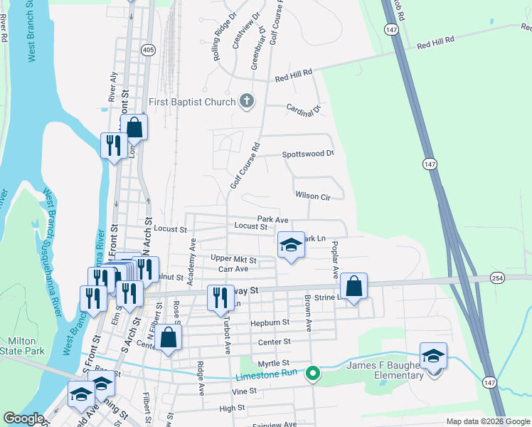 map of restaurants, bars, coffee shops, grocery stores, and more near 300-398 Locust Street in Milton
