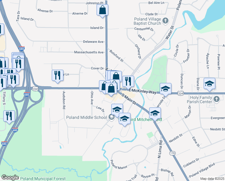 map of restaurants, bars, coffee shops, grocery stores, and more near 2 South Main Street in Poland