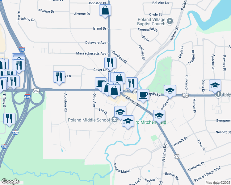 map of restaurants, bars, coffee shops, grocery stores, and more near 2 South Main Street in Poland