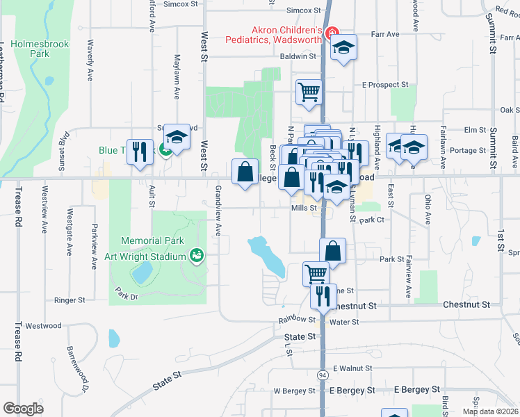map of restaurants, bars, coffee shops, grocery stores, and more near Kyle Street in Wadsworth