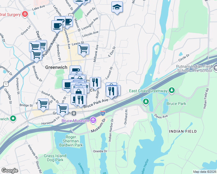 map of restaurants, bars, coffee shops, grocery stores, and more near 288 Davis Avenue in Greenwich