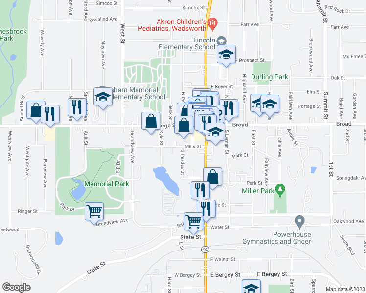 map of restaurants, bars, coffee shops, grocery stores, and more near 152 Mills Street in Wadsworth