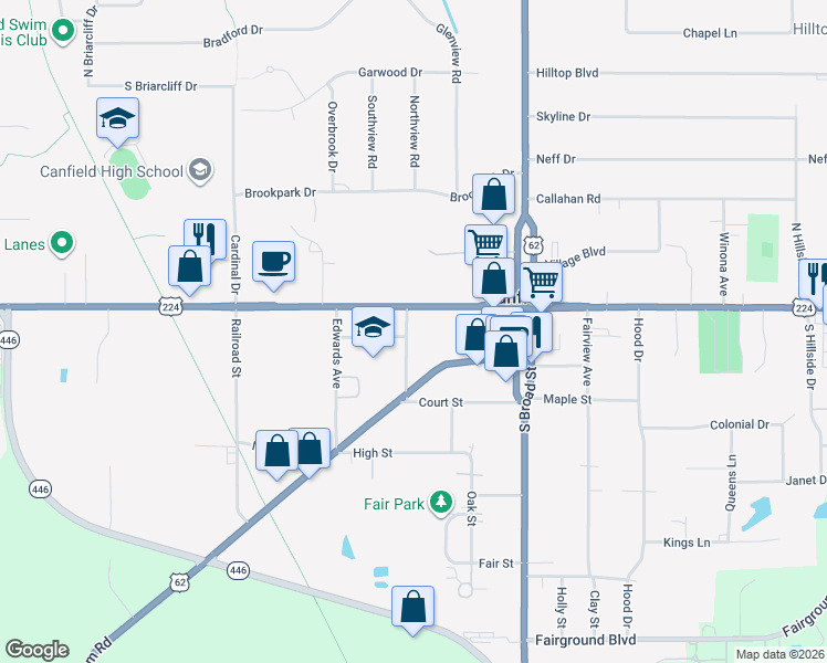 map of restaurants, bars, coffee shops, grocery stores, and more near 42 Wadsworth Street in Canfield