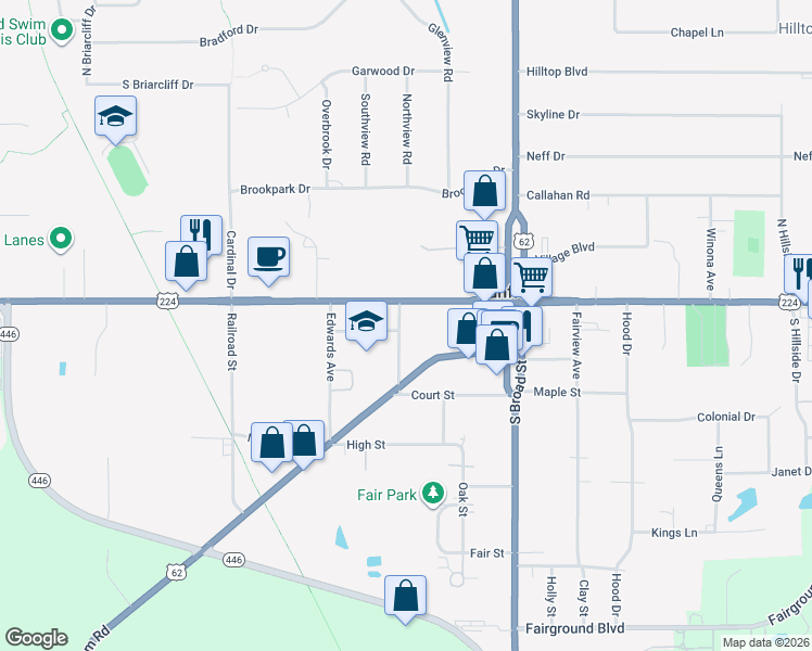map of restaurants, bars, coffee shops, grocery stores, and more near 42 Wadsworth Street in Canfield