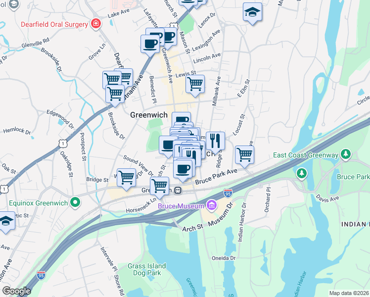 map of restaurants, bars, coffee shops, grocery stores, and more near 345 Greenwich Avenue in Greenwich