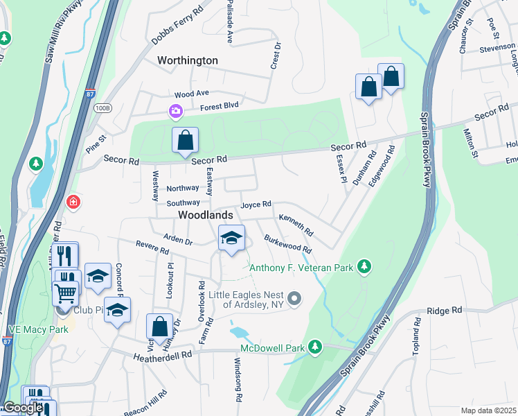 map of restaurants, bars, coffee shops, grocery stores, and more near 39 Joyce Road in Hartsdale