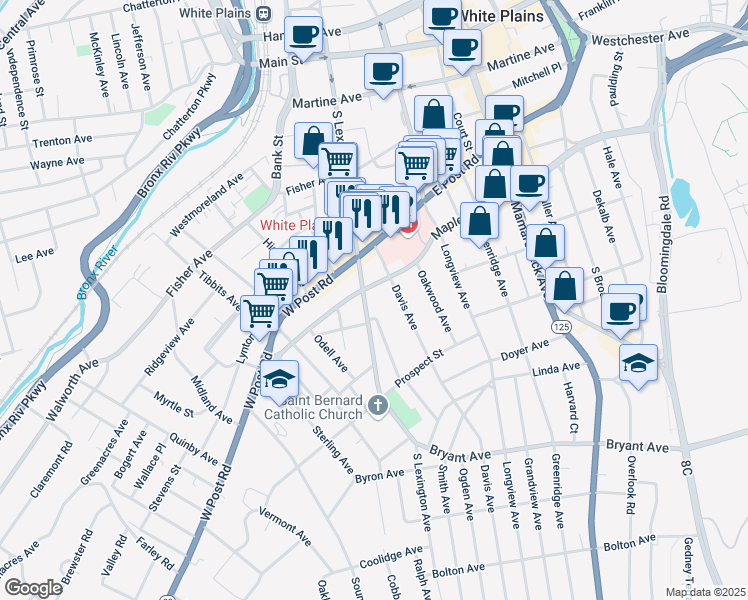 map of restaurants, bars, coffee shops, grocery stores, and more near 41 Davis Avenue in White Plains