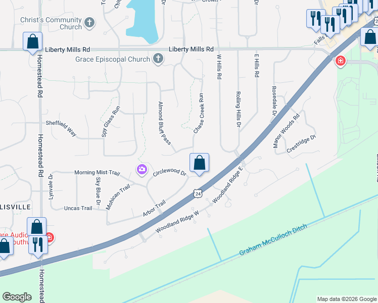 map of restaurants, bars, coffee shops, grocery stores, and more near 6522 Chase Creek Court in Fort Wayne