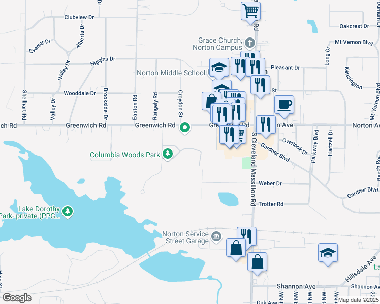 map of restaurants, bars, coffee shops, grocery stores, and more near 3340 Columbia Woods Drive in Norton