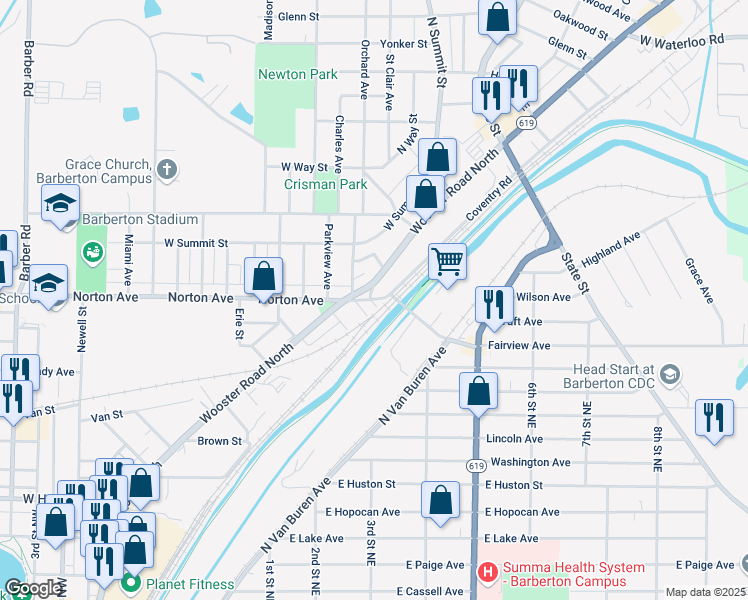 map of restaurants, bars, coffee shops, grocery stores, and more near 111 Gum Street in Barberton