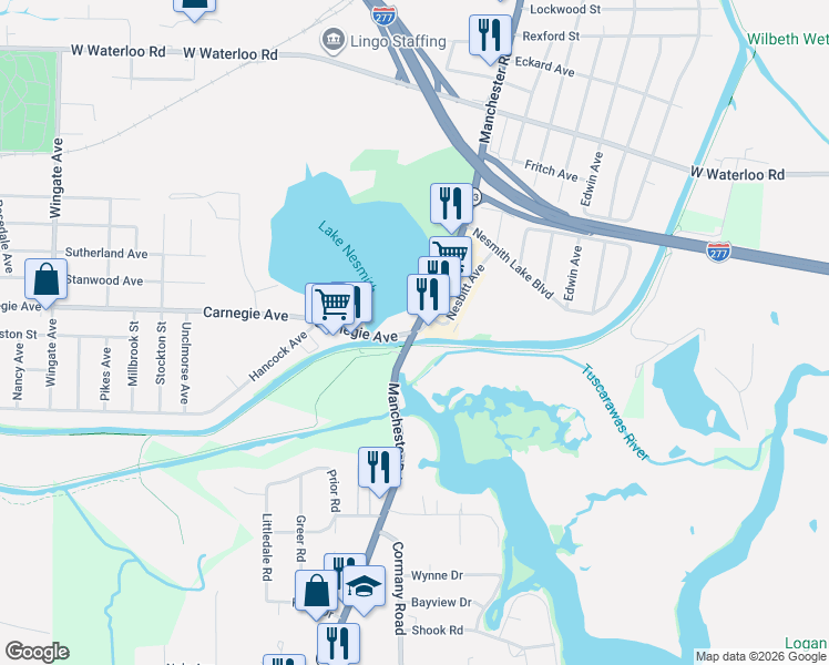 map of restaurants, bars, coffee shops, grocery stores, and more near Manchester Rd & Carnegie Ave in Akron