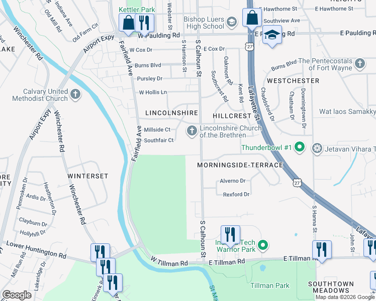 map of restaurants, bars, coffee shops, grocery stores, and more near 130 North Gerke Avenue in Fort Wayne