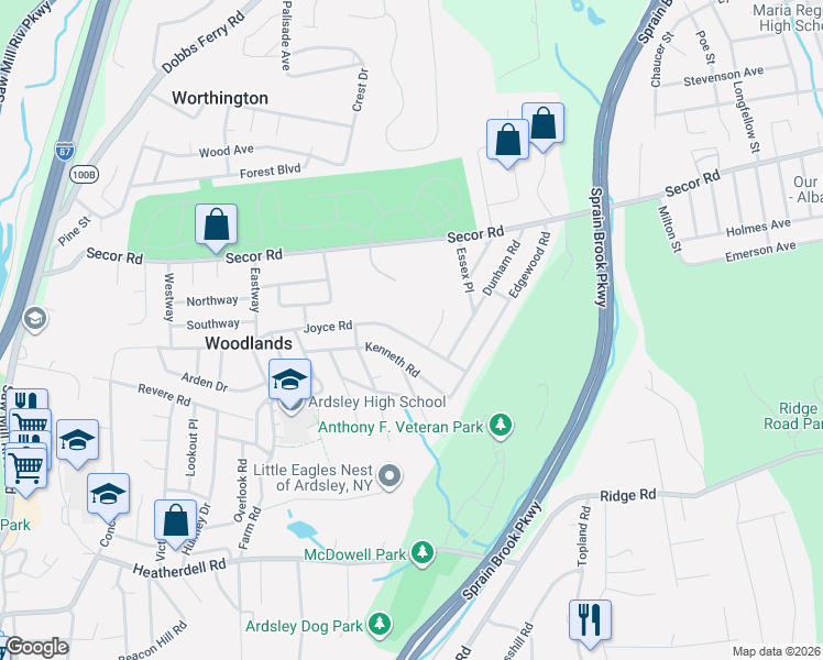 map of restaurants, bars, coffee shops, grocery stores, and more near 18 Joyce Road in Hartsdale