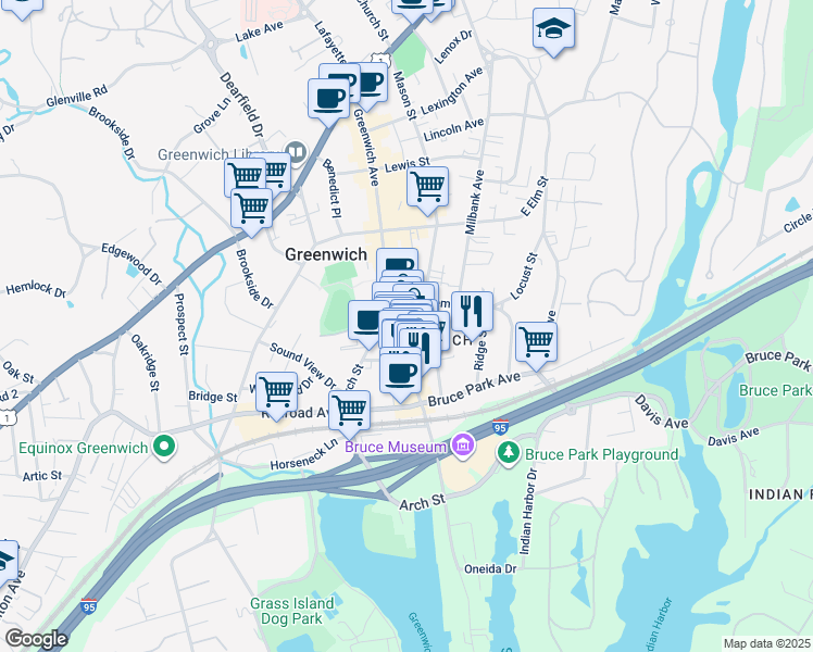 map of restaurants, bars, coffee shops, grocery stores, and more near 359 Greenwich Avenue in Greenwich