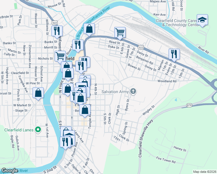 map of restaurants, bars, coffee shops, grocery stores, and more near 104 Cemetery Rd in Clearfield