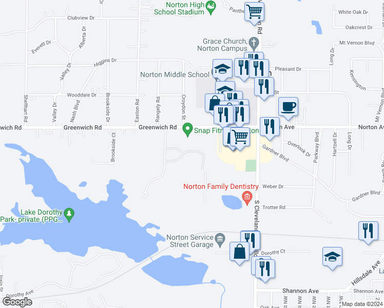 map of restaurants, bars, coffee shops, grocery stores, and more near 3355 Columbia Woods Drive in Norton