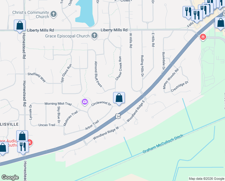 map of restaurants, bars, coffee shops, grocery stores, and more near 6522 Chase Creek Court in Fort Wayne