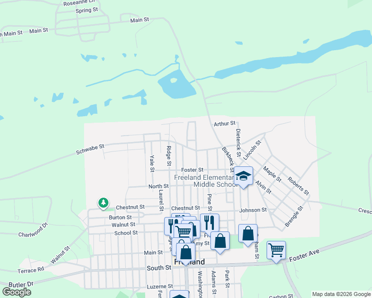 map of restaurants, bars, coffee shops, grocery stores, and more near 1136 Washington Street in Freeland
