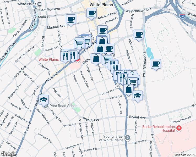 map of restaurants, bars, coffee shops, grocery stores, and more near 7 Livingston Avenue in White Plains