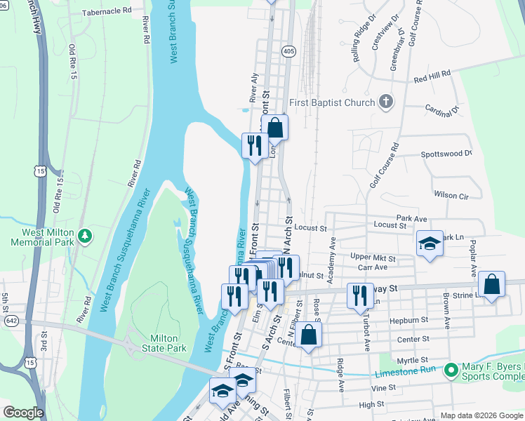 map of restaurants, bars, coffee shops, grocery stores, and more near 1-27 Locust Street in Milton