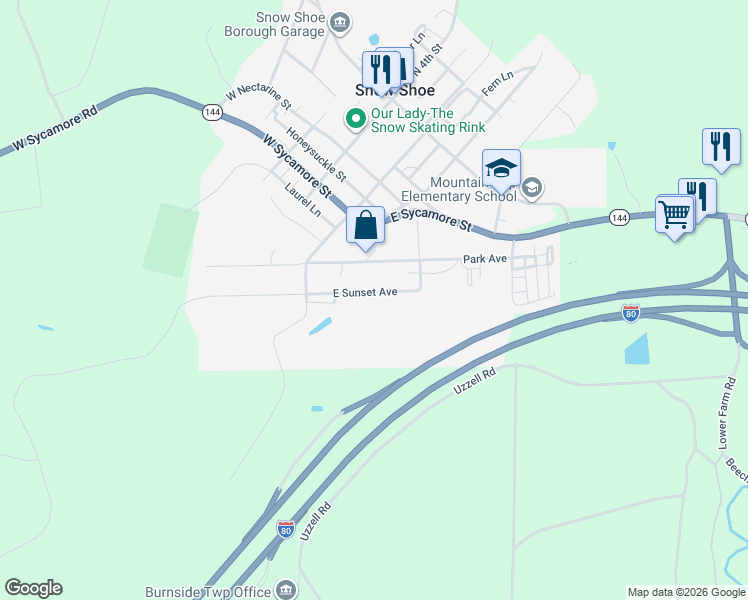 map of restaurants, bars, coffee shops, grocery stores, and more near 101-299 E Sunset Ave in Snow Shoe
