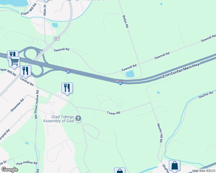 map of restaurants, bars, coffee shops, grocery stores, and more near 19000 Cub Circle in Bloomsburg