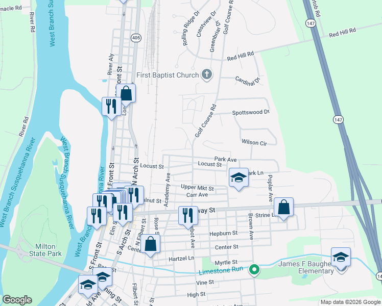 map of restaurants, bars, coffee shops, grocery stores, and more near 302 Locust Lane in Milton
